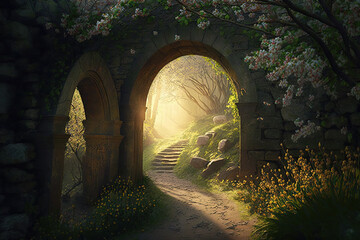 stone arch wall entrance in the forest. Spring