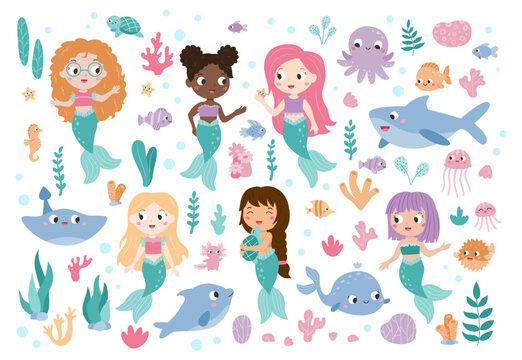 Cute mermaid princess with colorful hair isolated on white background. Sea collection. Ocean and sea animals. Funny cartoon fish, shark, dolphin and octopus. Hand drawn corals and seaweeds. Vector set