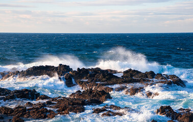 Landscape of turbulent water on the rocky coast of Sines - Portugal