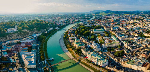 Fototapeta premium Aerial drone view of Mirabell Palace and Gardens in Salzburg, Austria.