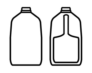 Vector illustration of a milk gallon outline. Front and back view. Bottle, jug for juice, water. Plastic packaging. Isolated on white background. Line mockup, template. Icon sign. Dairy product