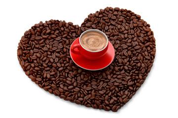 Ceramic coffee cup with coffee beans for americano, espresso, latte on white