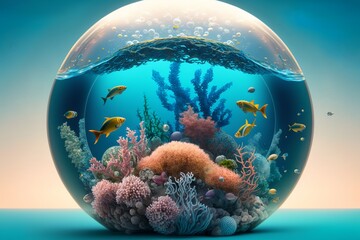 Vivid and colorful marine life with coral reef and different fishes inside a bubble