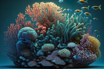 Obraz premium Vivid and colorful marine life with coral reef and different fishes underwater with lights