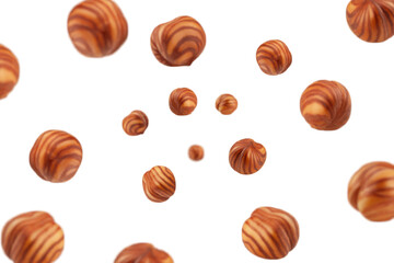 Falling Hazelnut peeled, isolated on white background, selective focus