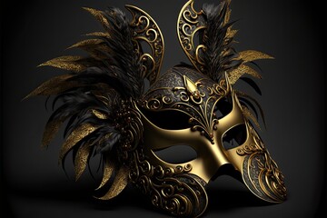 Mardi Gras carnival festival black and gold mask web banner. Mardi Gras carnival poster. AI generative