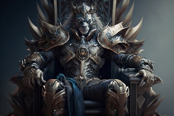 Majestic lion king in full body plate armor sitting on a throne  and commanding authority just with a stare of his eyes