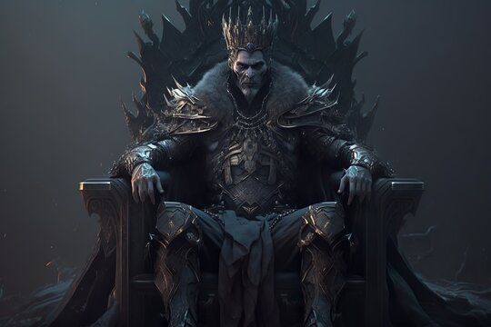 Majestic old king in crown and full body plate armor sitting on a throne  and commanding authority just with a stare of his eyes