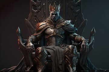 Majestic king in full body plate armor sitting on a throne  and commanding authority just with a stare of his eyes