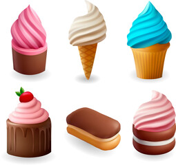 3d cake icon set, tasty ice cream vector collection. Delicious food birthday celebration bakery sign