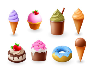 3d cake icon set, tasty ice cream vector collection. Delicious food birthday celebration bakery sign