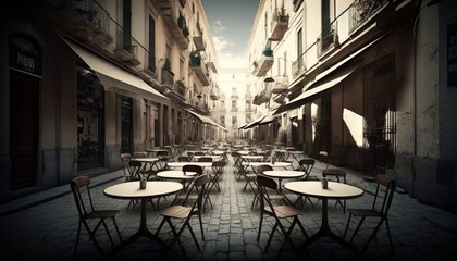 Naklejka premium an empty street with tables and chairs in the middle of the street and buildings in the backround of the street and a few tables and chairs on the side of the street. generative ai
