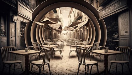 Naklejka premium a restaurant with tables and chairs and a large circular archway in the middle of the room with tables and chairs on the floor and a brick floor. generative ai