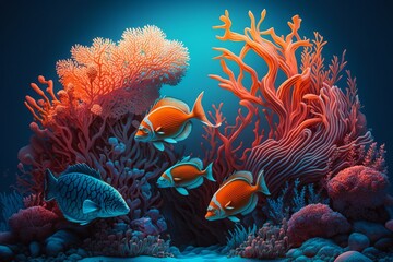 Vivid and colorful marine life with coral reef and different fishes underwater with lights