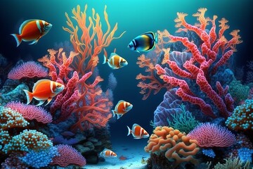 Fototapeta na wymiar Vivid and colorful marine life with coral reef and different fishes underwater with lights