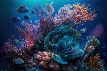 Fototapeta na wymiar Vivid and colorful marine life with coral reef and different fishes underwater with lights