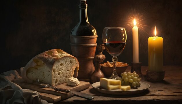  a table topped with a loaf of bread next to a bottle of wine and a plate of cheese next to a glass of wine and a candle.  generative ai