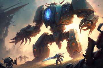 Colossal futuristic mech fighting on a battlefield against cybersoldiers - obrazy, fototapety, plakaty