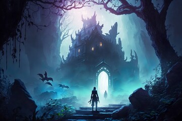 Lone wanderer discovers and old castle in a fantasy realm with giant dead trees and mystical blueish glowing fog
