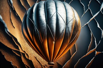  a hot air balloon flying through the air over a leaf covered ground with a sky background and a black background with a white and gold design.  generative ai