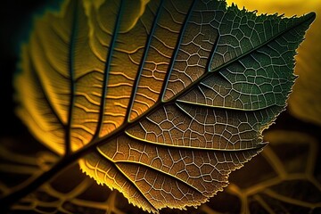  a close up of a green leaf with yellow light in the back ground and a black back ground with a yellow light in the back ground.  generative ai