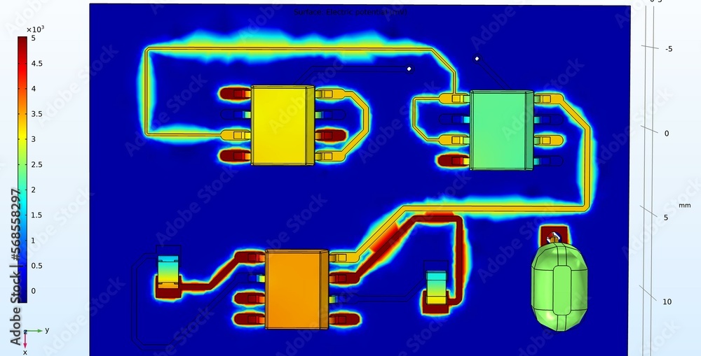 Poster computer 3d modeling of the printed circuit board of an electronic device. investigation of the dist