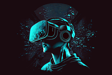 A person wearing a virtual reality headset and headphones exploring the metaverse, gaming social business and entertainment of the future (Generative AI)
