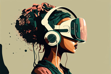 A person wearing a virtual reality headset exploring the metaverse, gaming social business and entertainment of the future (Generative AI)