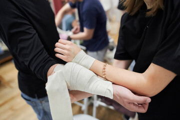 tactical medicine courses, dressings. First aid training. First aid course. Doctors treat the...