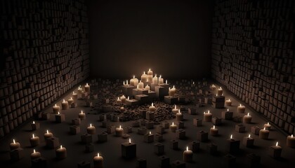 Obraz premium a room filled with lots of lit candles next to a wall of books on a black background with a black background and a black floor. generative ai
