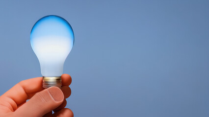 hand holding a light bulb in front of blue studio background, idea, energy saving, electricity, Generative AI
