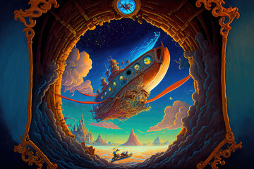 acrylic art, illustration, and oil painting in a fantasy setting with Peter Pan's flying ship traveling through space via a time portal. Generative AI