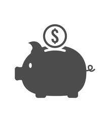 Piggy bank icon silhouette with coin on white background