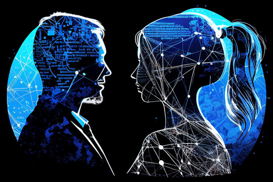 Man and woman on background of planet with designations of Internet communication. Concept of communication business technologies..