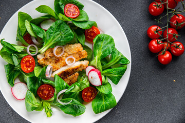 healthy salad chicken meat, vegetables, tomato, radish, green leaves mix lettuce healthy meal food snack on the table copy space food background rustic top view keto or paleo diet