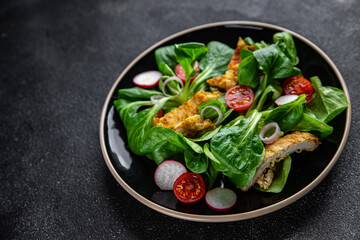 healthy salad chicken meat, vegetables, tomato, radish, green leaves mix lettuce healthy meal food snack on the table copy space food background rustic top view keto or paleo diet