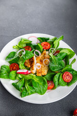 healthy salad chicken meat, vegetables, tomato, radish, green leaves mix lettuce healthy meal food snack on the table copy space food background rustic top view keto or paleo diet