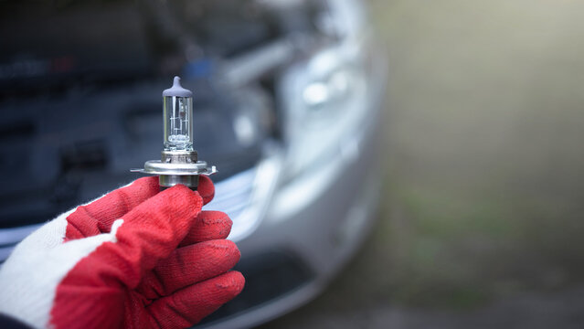 The hand of the master holds a halogen light bulb against the background of the car.Replacing the light bulb in the car.Replacement of lighting.