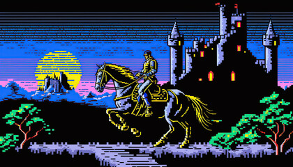 Adventure game screen, Retro computer games level. Pixel art video game scene 8 bit.