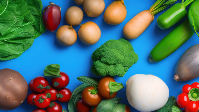 vegetables in front of blue studio background, healthy food, Generative AI