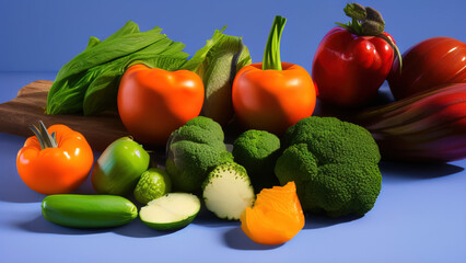 Fototapeta na wymiar vegetables in front of blue studio background, healthy food, Generative AI