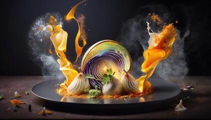  a plate with some food on it and some smoke coming out of the top of the plate and on top of the plate is an orange liquid.  generative ai