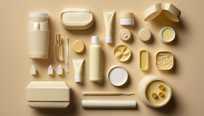 a variety of cosmetic products arranged on a beige background, including creams, creams, and lip bales, are shown in this image.  generative ai
