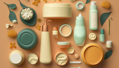 Fototapeta na wymiar a variety of cosmetics and skin care products on a brown background with leaves and flowers around it, including a bottle of lotion, a lotion, a cream, a bottle, a cup, a. generative ai