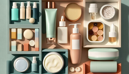  a variety of beauty products are arranged in a box on a table top, including soaps, lotion, and lotion bottles.  generative ai