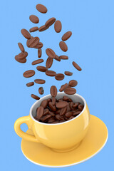 Ceramic coffee cup with coffee beans for americano, espresso, latte on blue