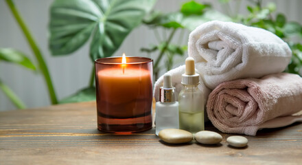 Spa and wellness setting with scented candle, massage oils and towels, relaxing spa still life