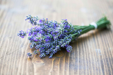 Beautiful scented lavender flowers bouquet on the wooden table