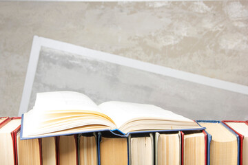 Vintage old hardback books. Education background. Back to school. Copy Space.