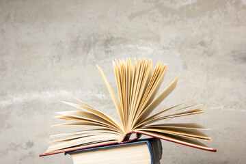 Vintage old hardback books. Education background. Back to school. Copy Space.